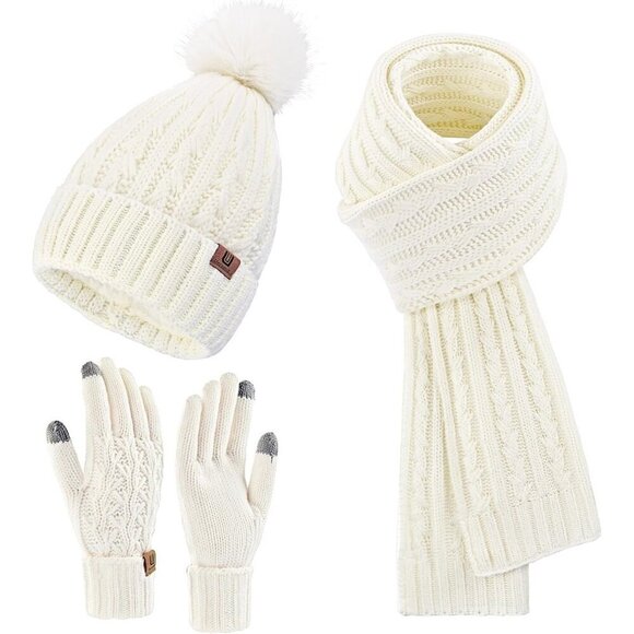 Women’s White Winter Beanie Hat Scarf & Touchscreen Gloves 3-in-1 Gift main image 4